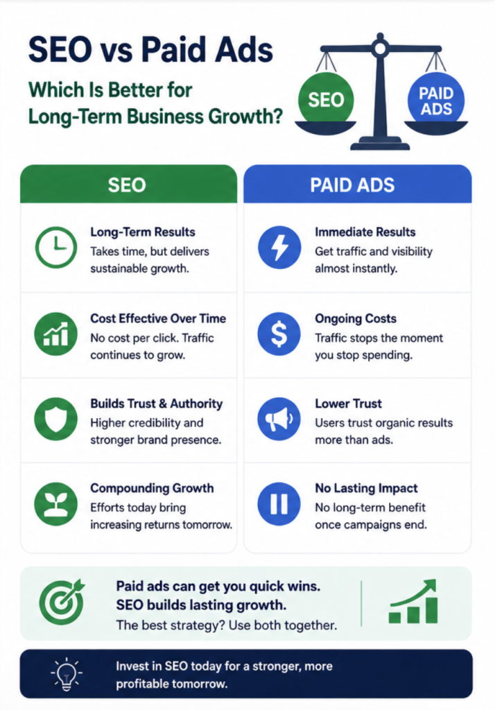 SEO vs Paid Ads: Which Is Better for Long-Term Growth? 1 Comparison chart showing SEO vs Paid Ads for long-term business growth